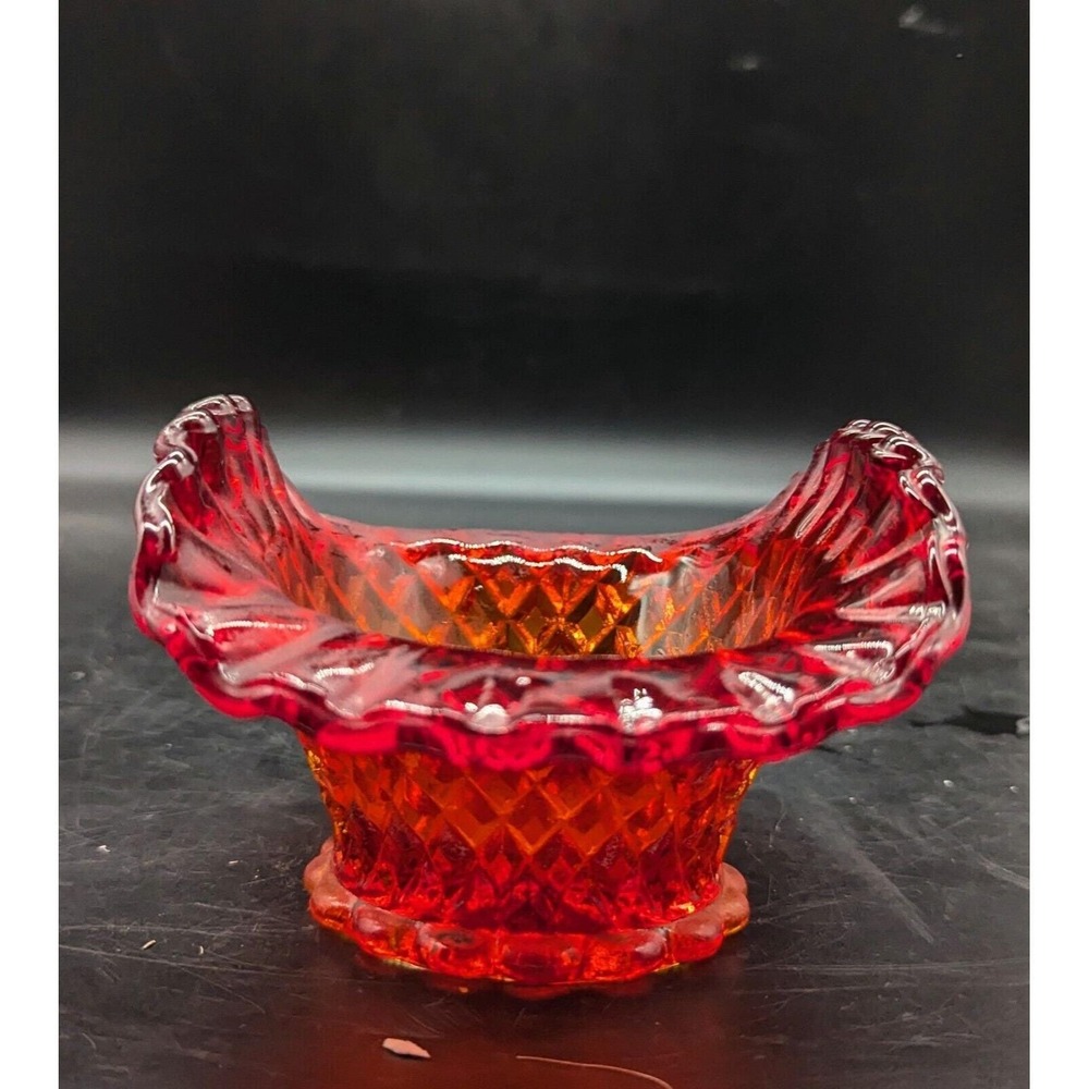 Vintage Amberina‎ Diamond Point Candy Trinket Dish 6.5" Folded Crimped